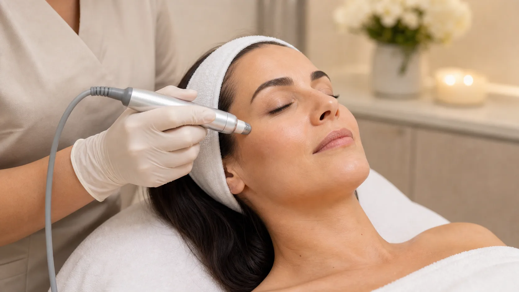Plasma skin-tightening treatment near the brow and outer eye area
