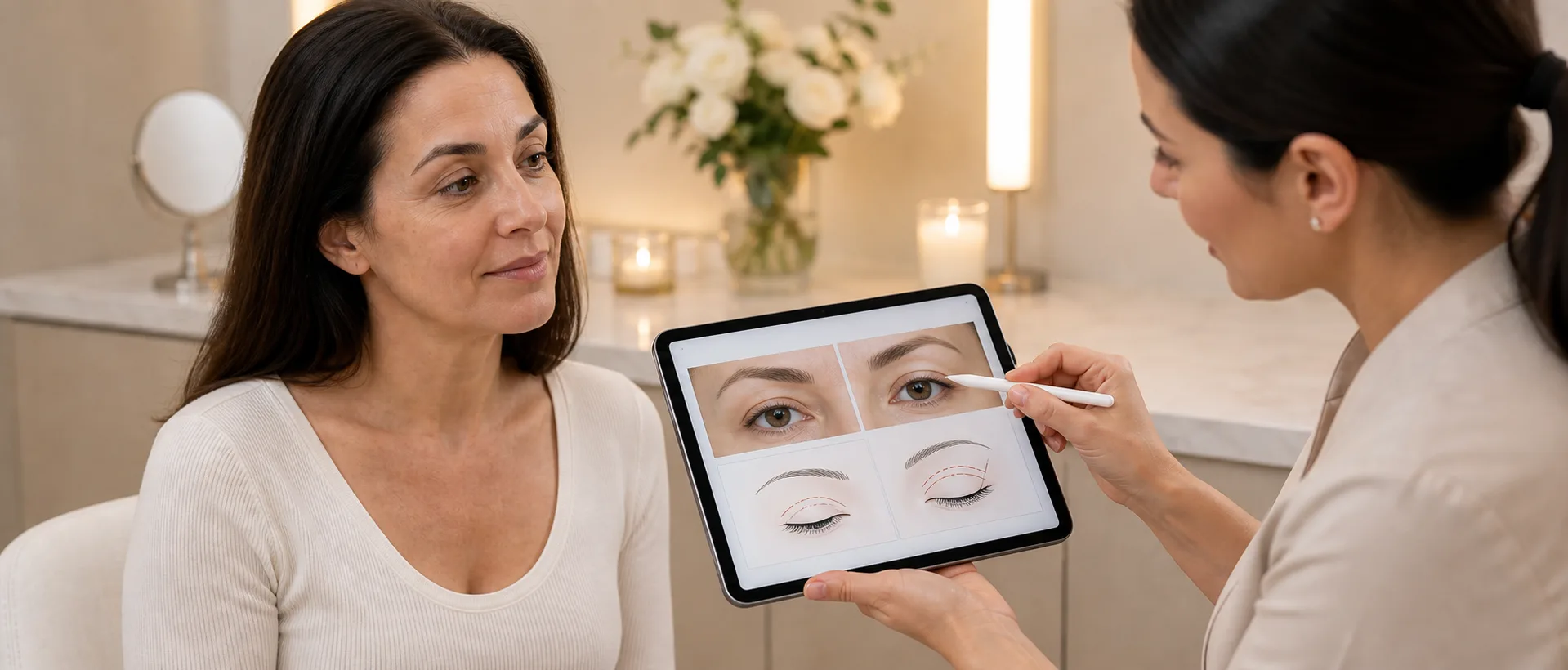 Blepharoplasty consultation reviewing upper eyelid planning