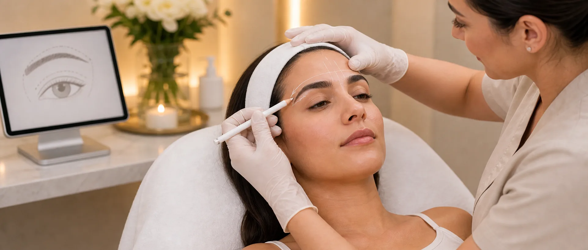 Brow lift consultation with eyebrow position planning marks