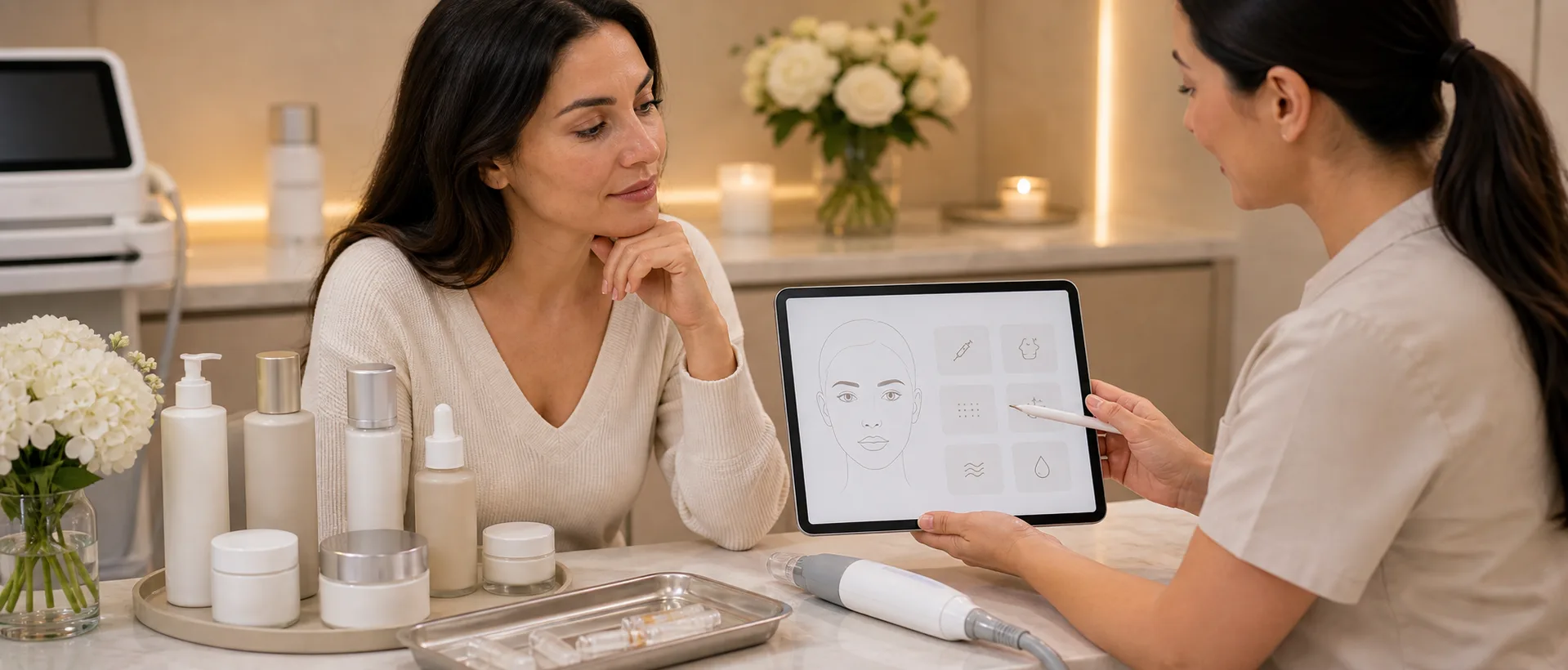Cosmetic dermatology consultation with facial treatment planning