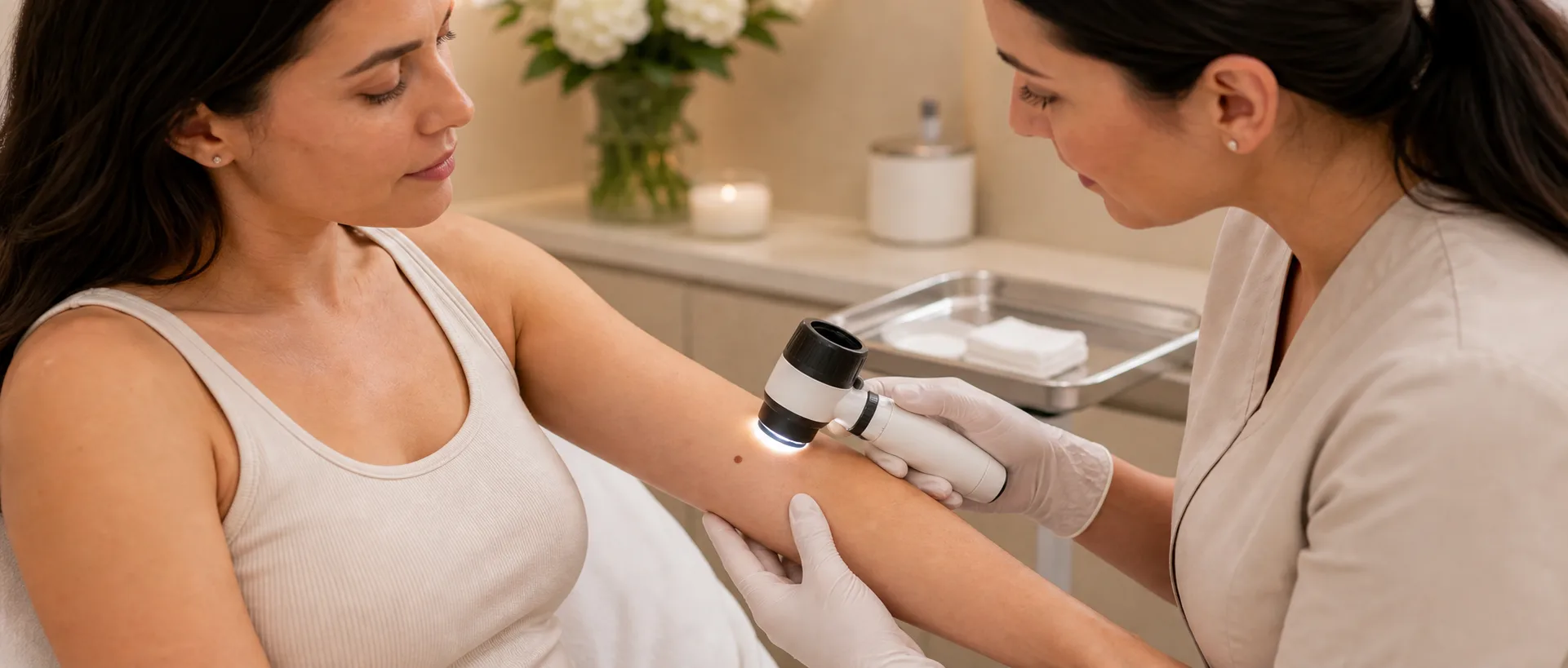 Skin lesion evaluation with a dermatoscope in a medical dermatology room