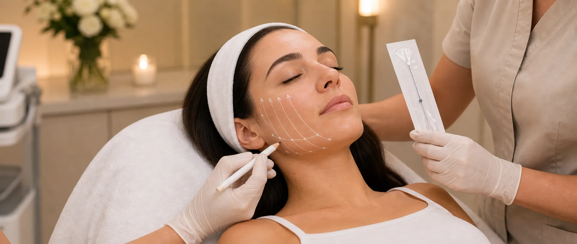 PDO thread-lift consultation with cheek and jawline planning marks