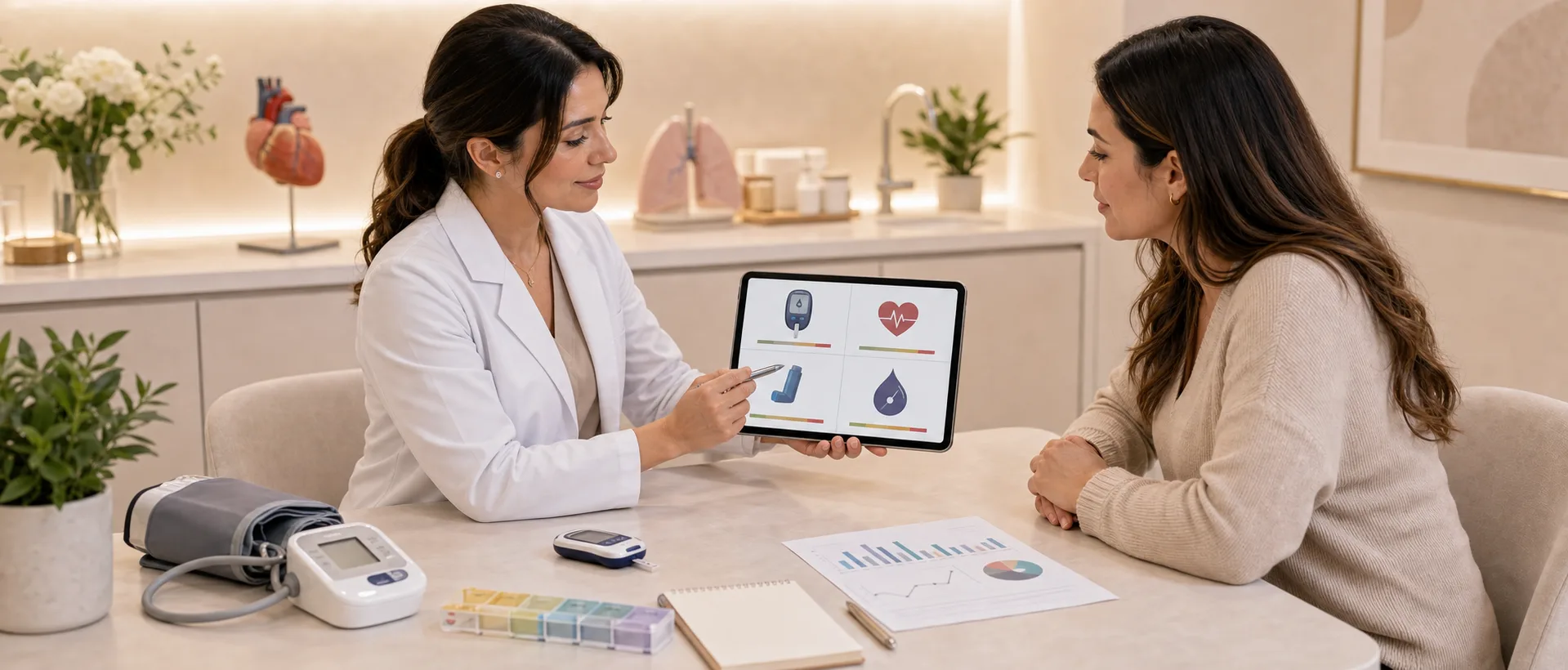 Chronic disease management consultation with diabetes and blood pressure monitoring tools