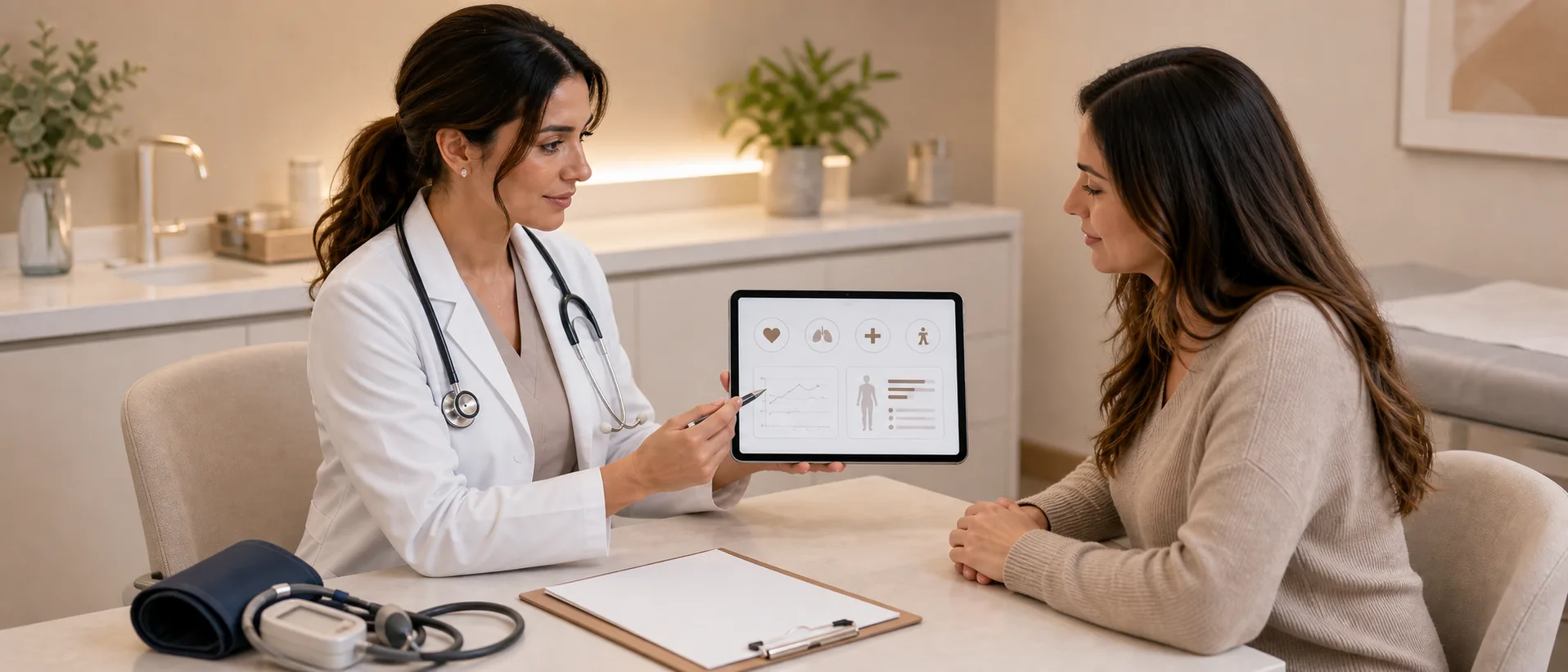 Family medicine consultation with primary care planning and vital-sign tools