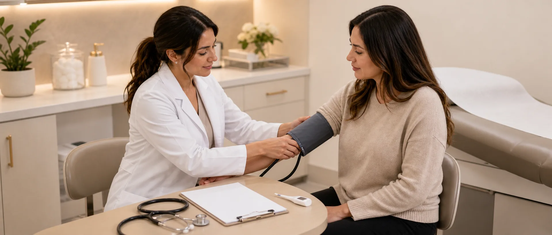 Physical examination visit with blood pressure check in a primary care room