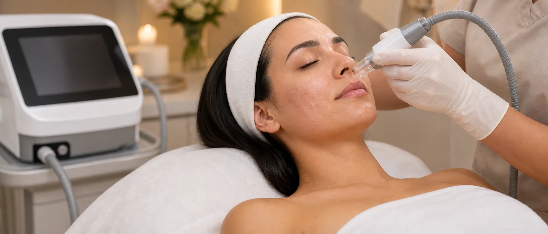 Acne scar laser treatment with a resurfacing handpiece near the cheek