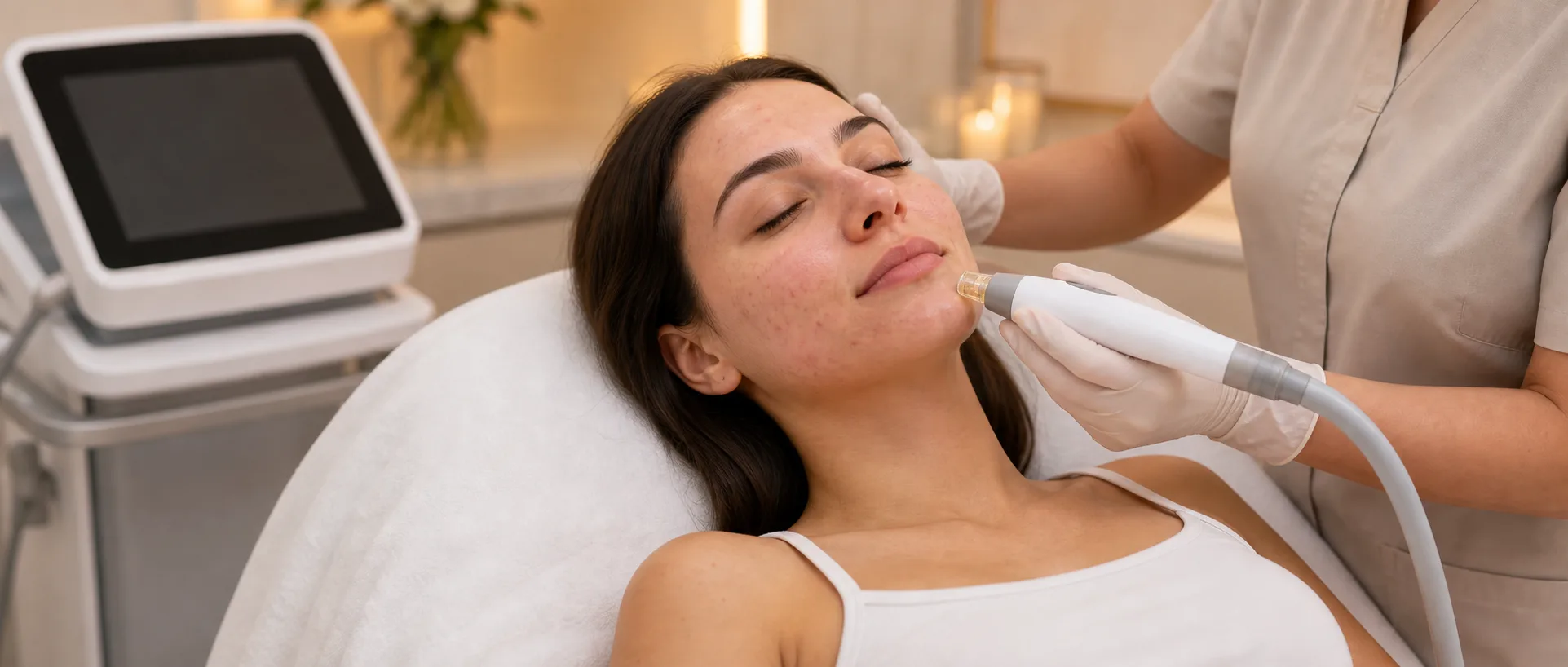 Active acne laser treatment near the cheek in a medical aesthetics room