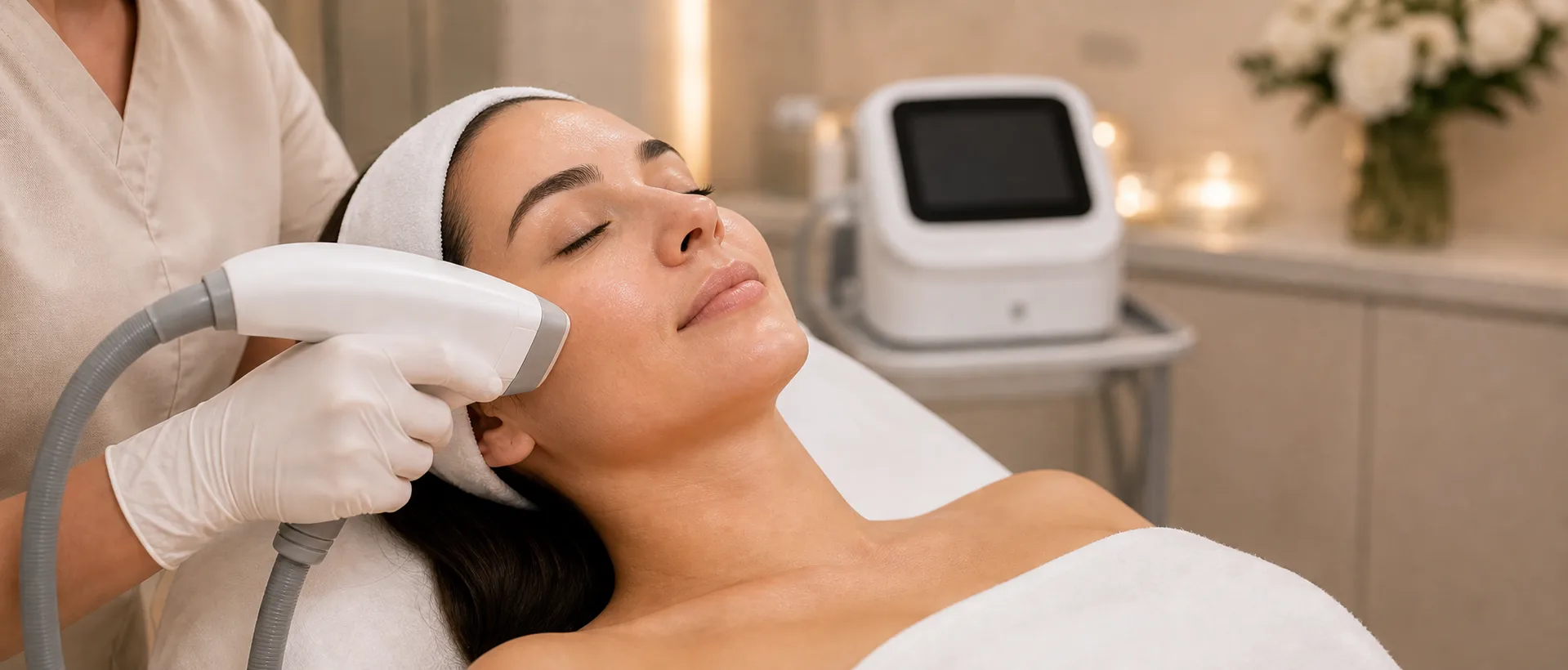 Skin rejuvenation laser treatment on the face in a warm clinic room