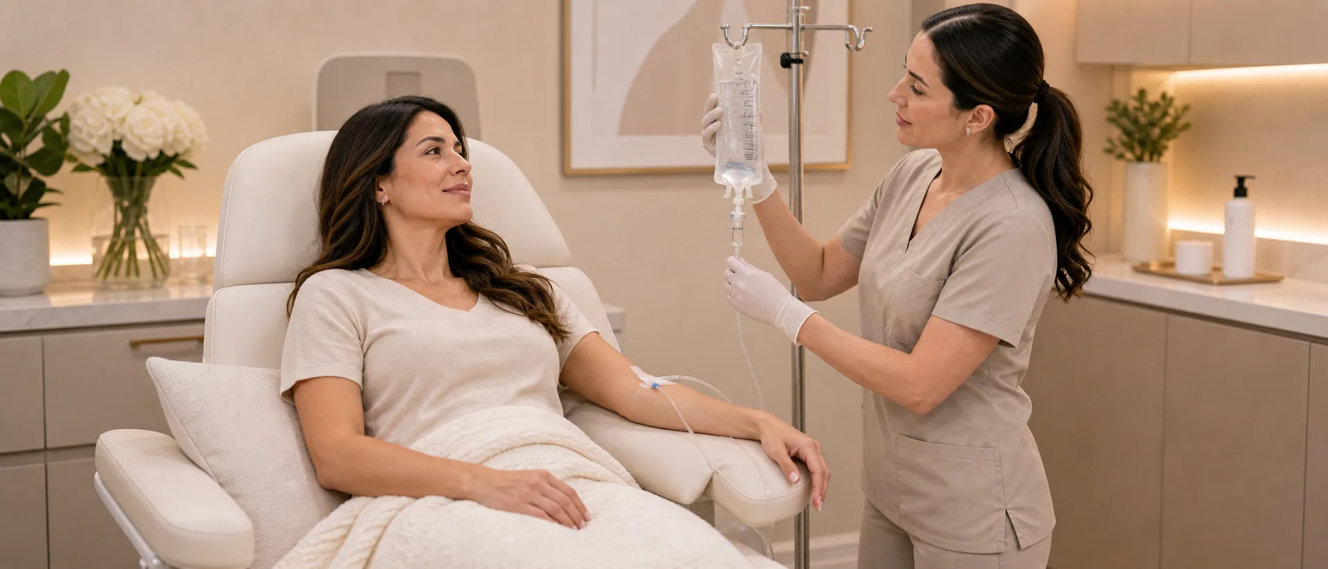 IV infusion therapy visit with clinician checking hydration drip setup