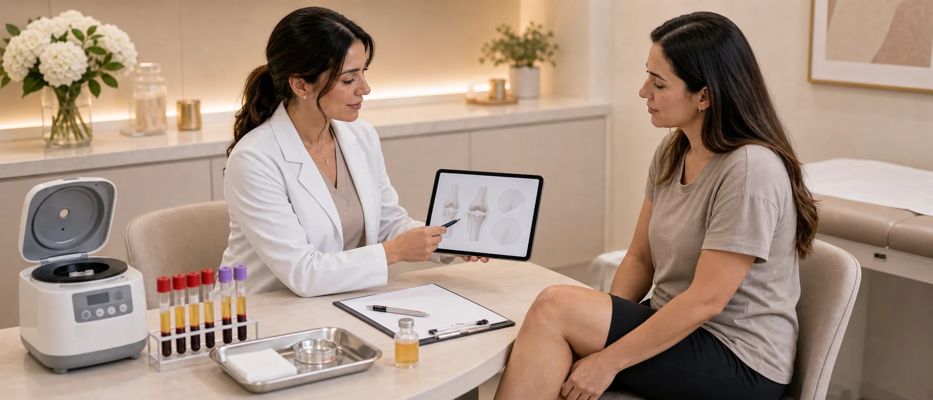 PRP therapy consultation with centrifuge, platelet samples, and knee joint planning