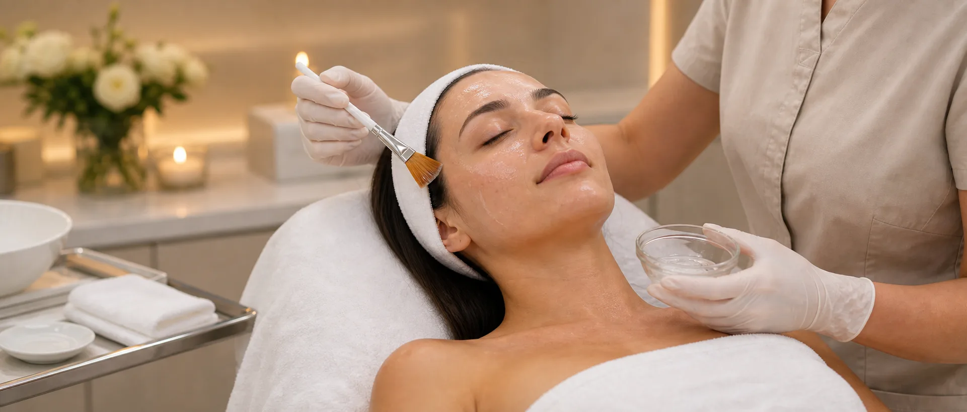 Chemical peel solution applied during a medical aesthetics skin treatment