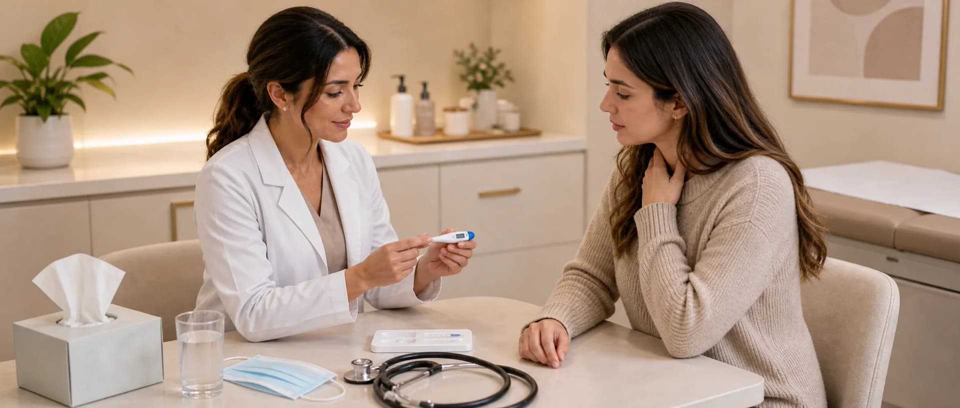Cold and flu treatment visit with thermometer and rapid-test planning