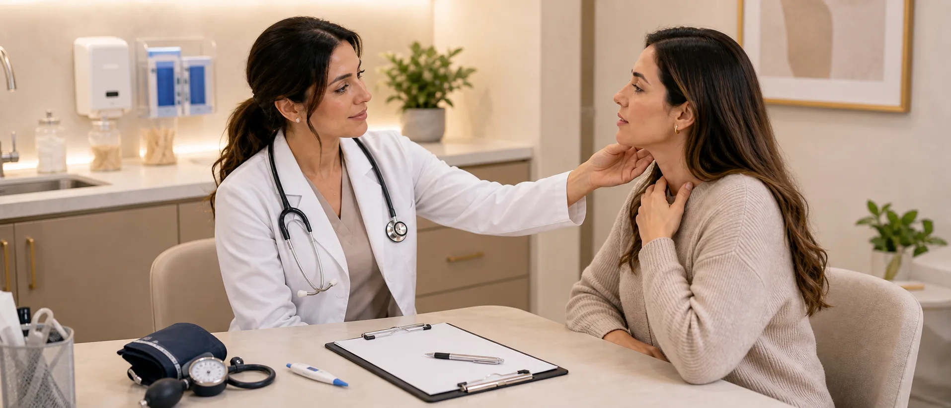 Urgent care visit with non-emergency symptom evaluation in a clinic room